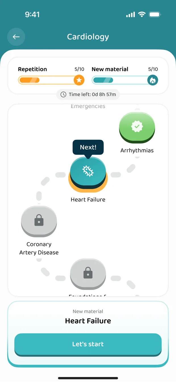 The Cardiology learning path in the practice app